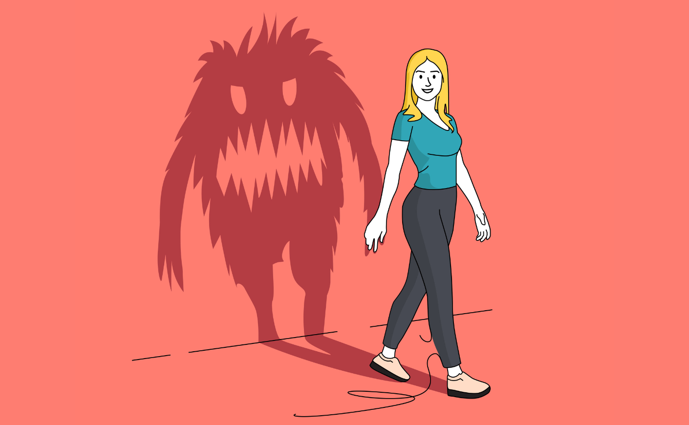 Illustration of a smiling woman with the shadow of a monster being cast behind her