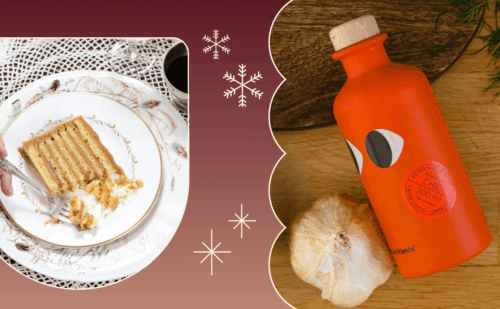 collage of a cake and orange olive oil bottle