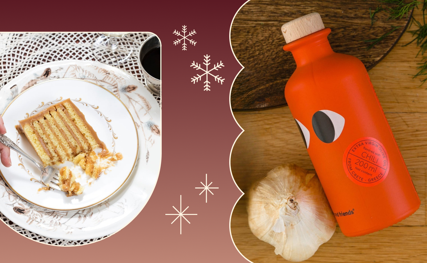 collage of a cake and orange olive oil bottle