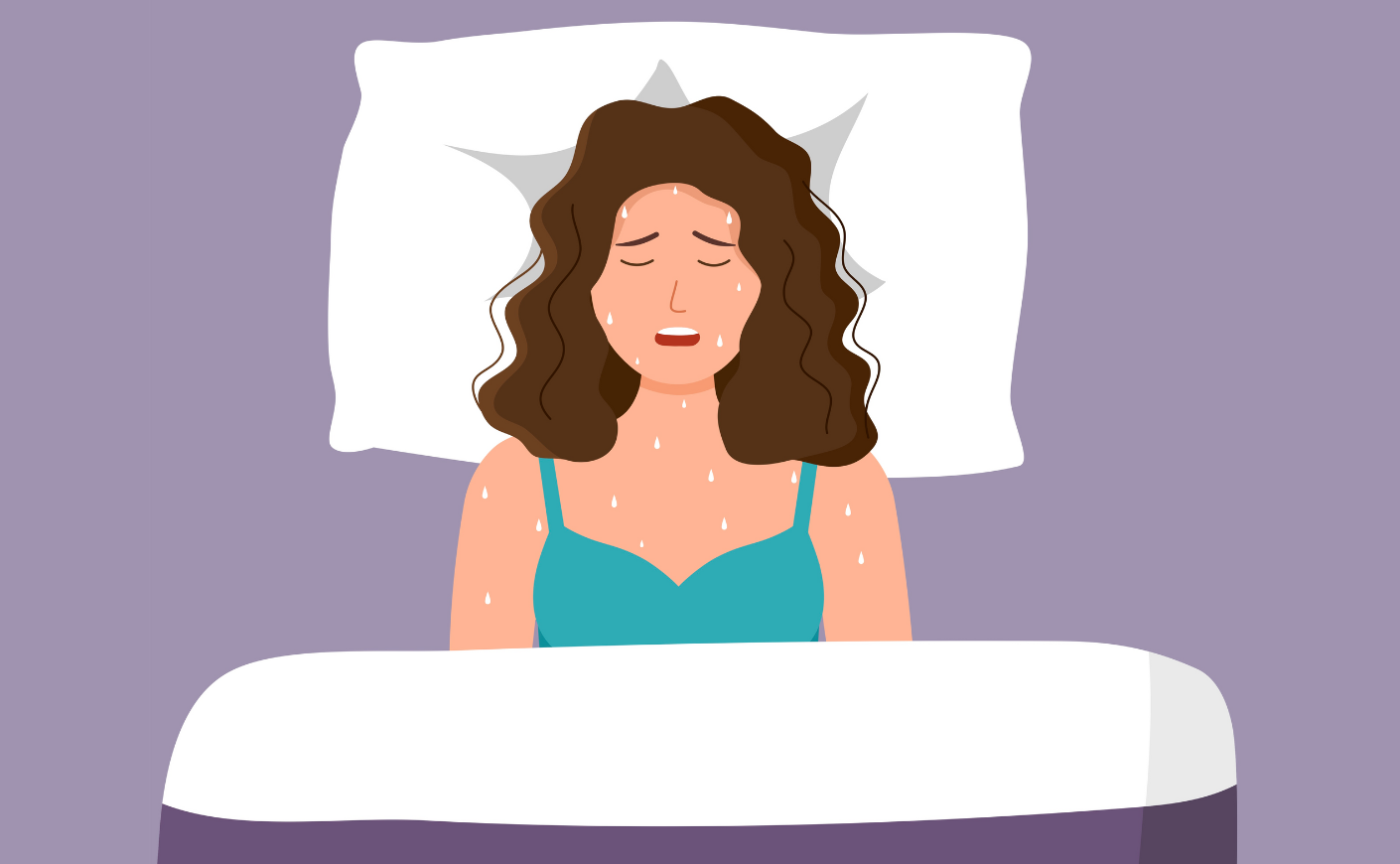 illustration of a woman experiencing night sweats in bed