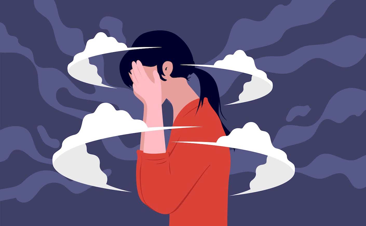 illustration of a woman holding her head with clouds circling her head