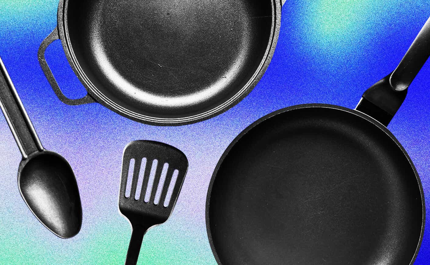 Nonstick pans and black plastic kitchen tools