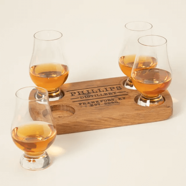 custom bourbon flight tray and glasses