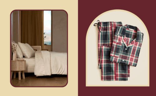 BFCM Lead image, Cozy Earth sheets left, J.Crew pajamas right.