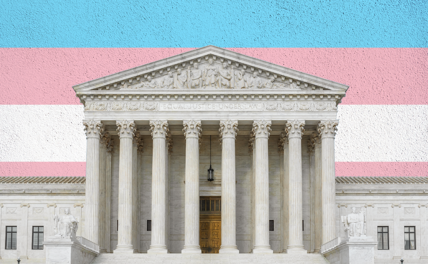 The Supreme Court building with a transgender flag in the background