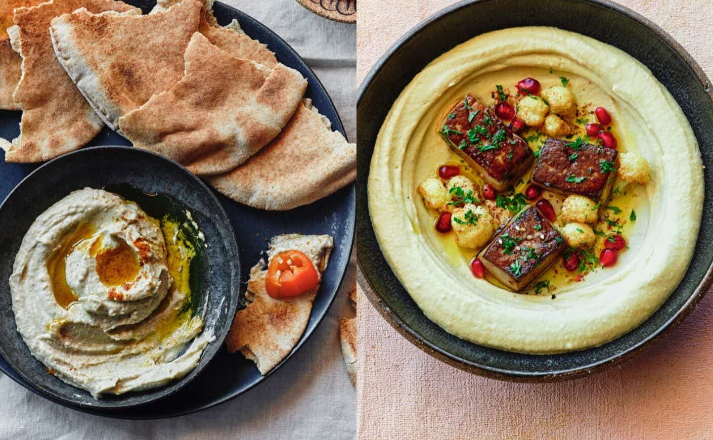 A bowl of baba ghanoush and a bowl of hummus side by side.