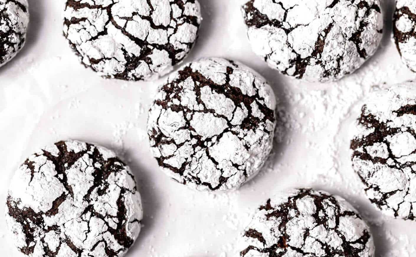 A tray of chocolate crinkle cookies.