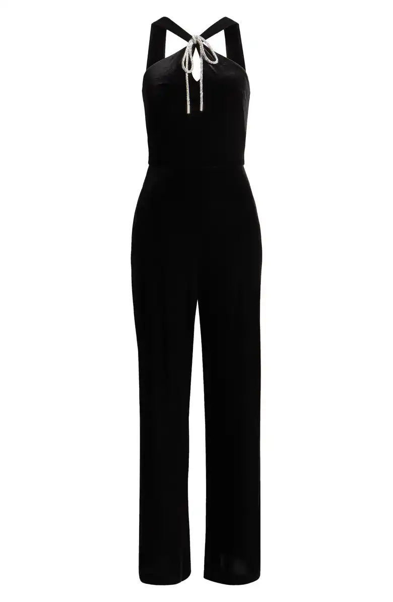 Eliza J Rhinestone Tie Neck Wide Leg Velvet Jumpsuit