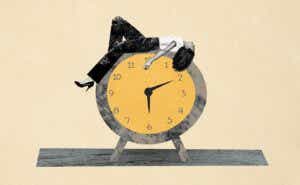 Composite photo collage of a woman laying on a clock