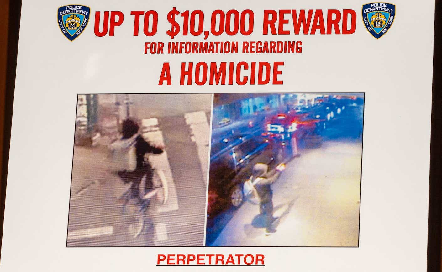 NYPD wanted sign showing Brian Thompson's shooter and denoting a $10k reward