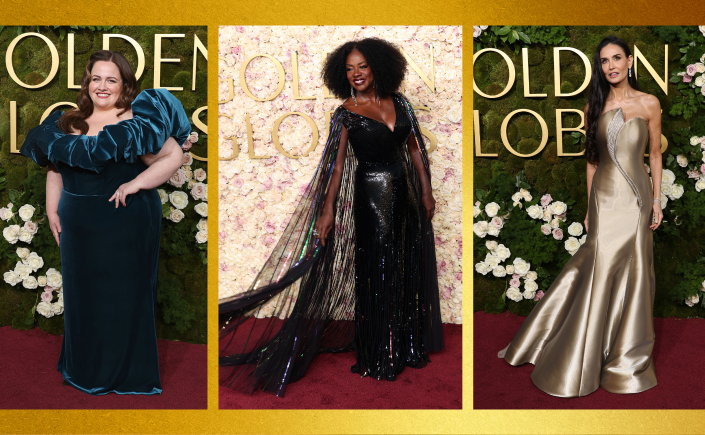 Jessica Gunning, Viola Davis, and Demi Moore at the Golden Globes red carpet