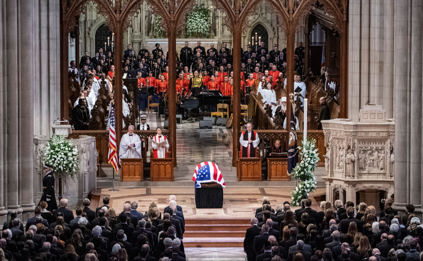 Jimmy Carter's casket draped with an American flag at the National Cathedral