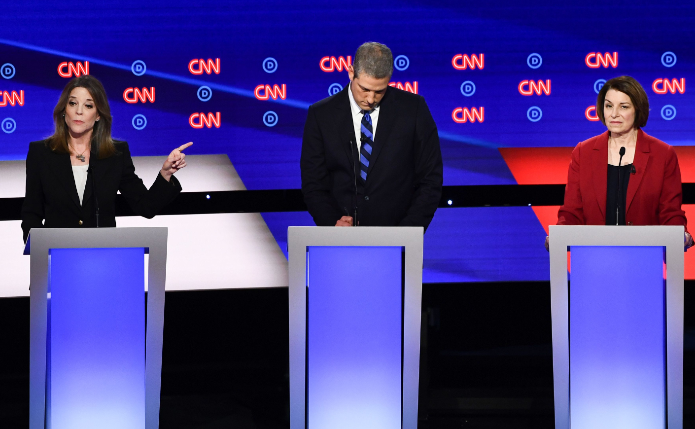 Marianne Williamson, Tim Ryan, and Amy Klobuchar at a Democratic primary debate in Detroit, Michigan, on July 30, 2019.