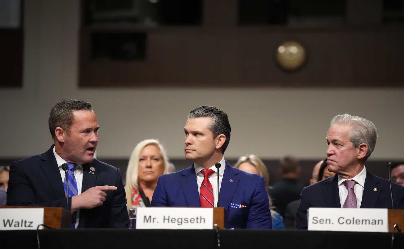 Rep. Michael Waltz (R-FL) (L) introduces U.S. President-elect Donald Trump's nominee for Secretary of Defense Pete Hegseth during his Senate Armed Services confirmation hearing on Capitol Hill on January 14, 2025 in Washington, DC. Hegseth, an Army veteran and the former host of “FOX & Friends Weekend” on FOX News will be the first of the incoming Trump administration’s nominees to face questions from Senators. The two were joined by former Sen. Norm Coleman