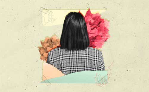 back of womans head with colorful items around her