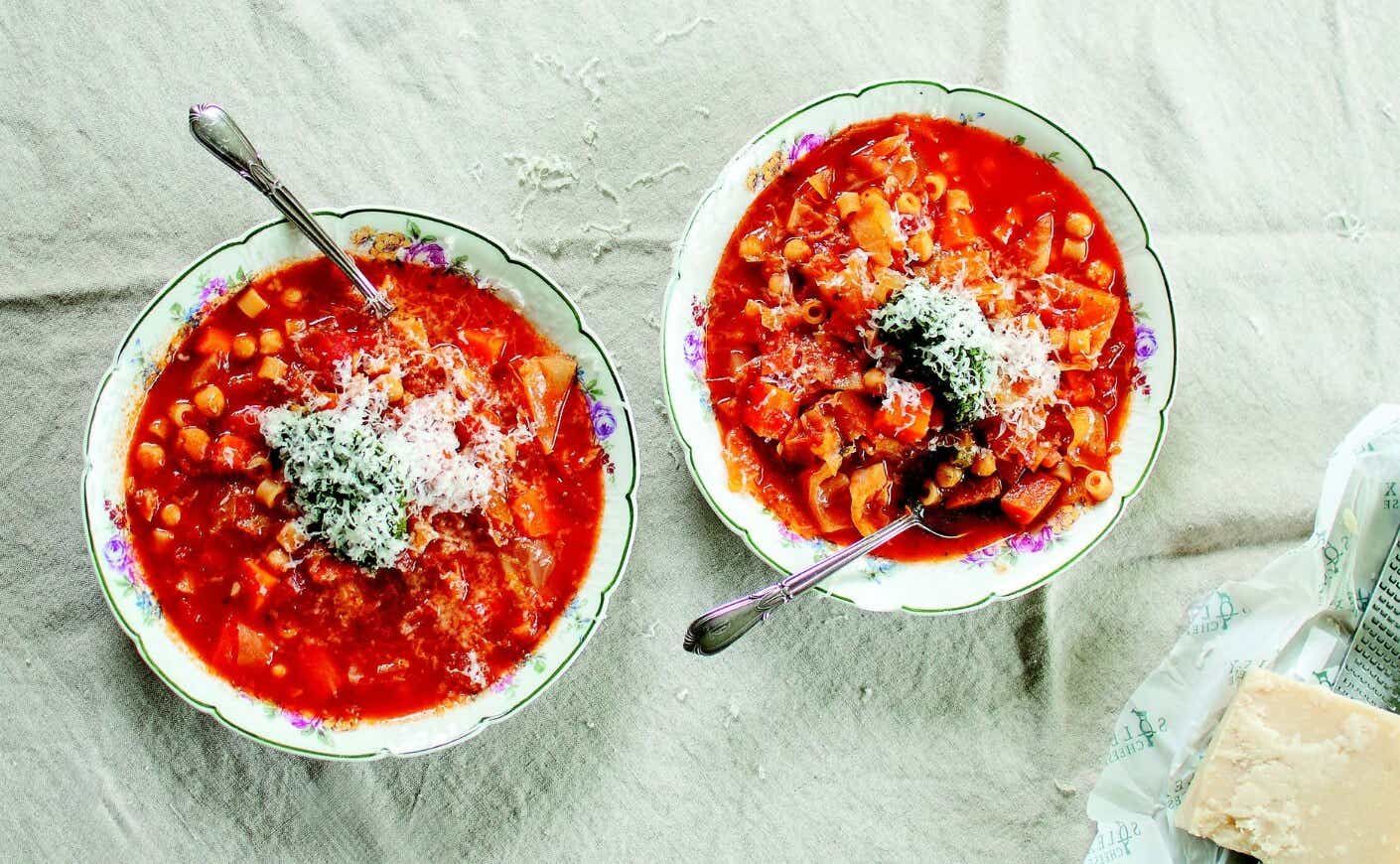 two bowls of minestrone soup.