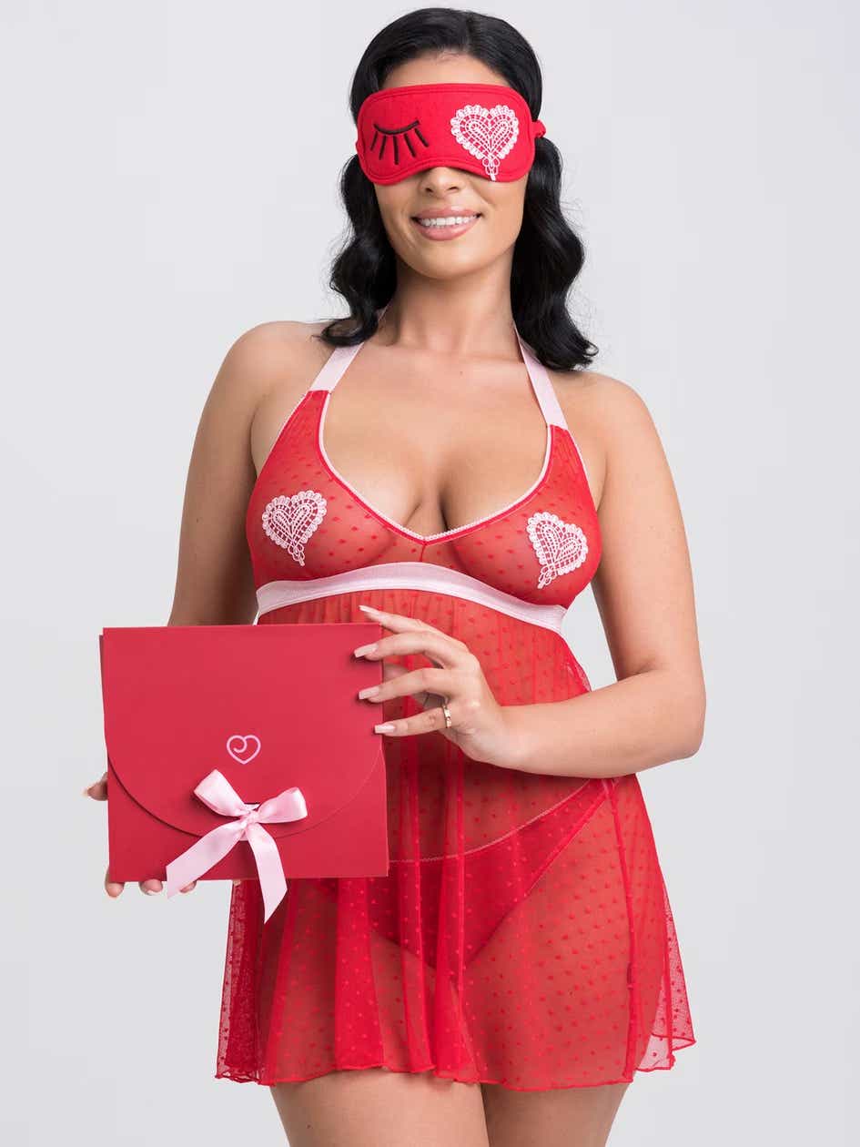 Red Babydoll Set and Eye Mask on model holding box