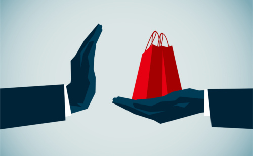 Illustration of a hand refusing a red shopping bag