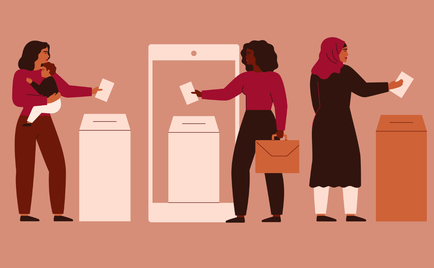 Illustration of women putting ballots into a voting booth