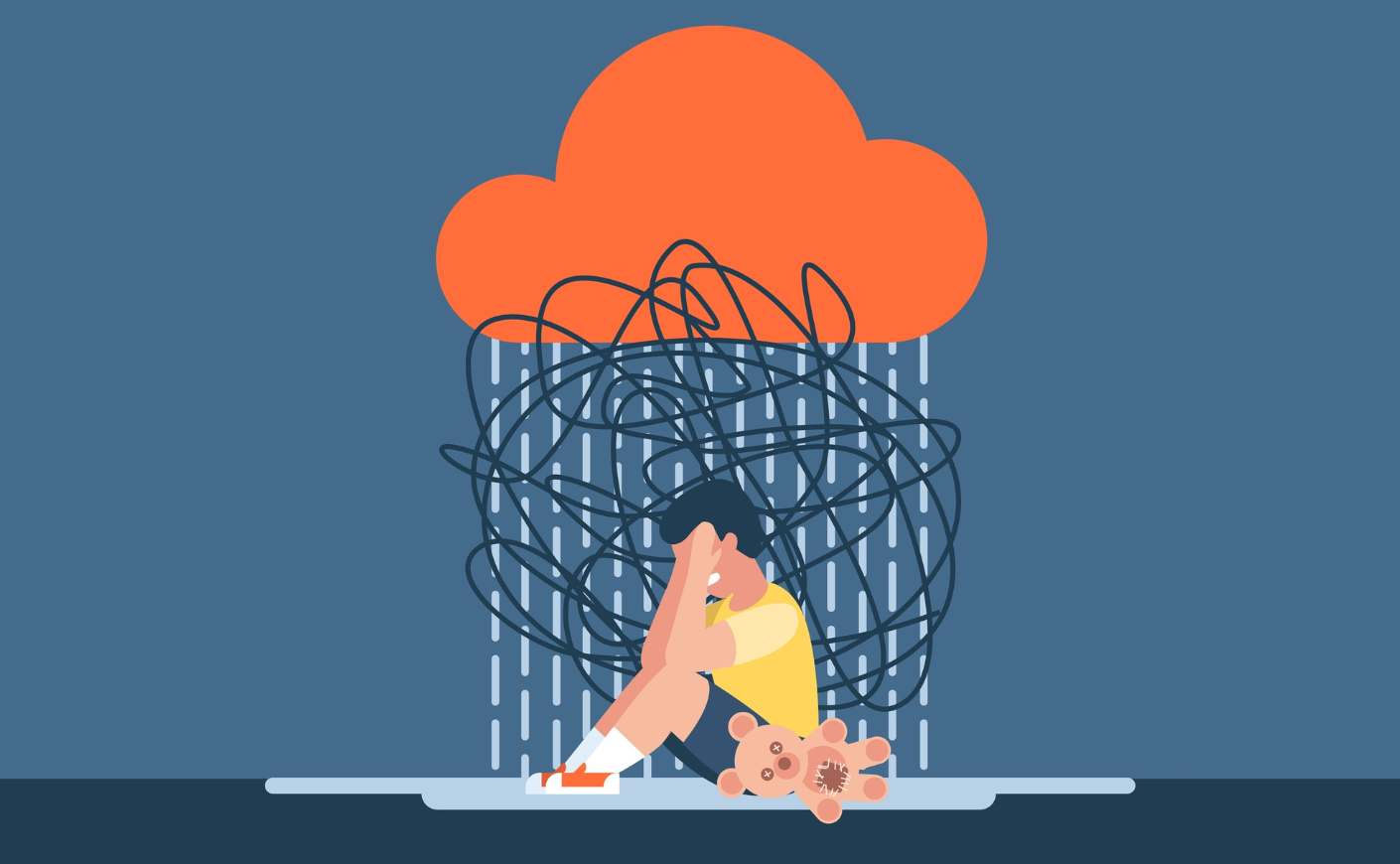 Illustration of a young boy sitting under a rain cloud and crying