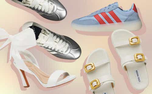 adidas shoes, sandals, heels on background