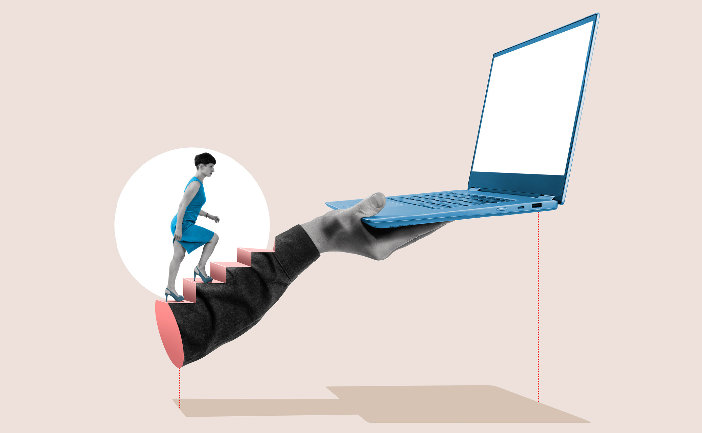 Illustration of a woman climbing stairs toward a laptop