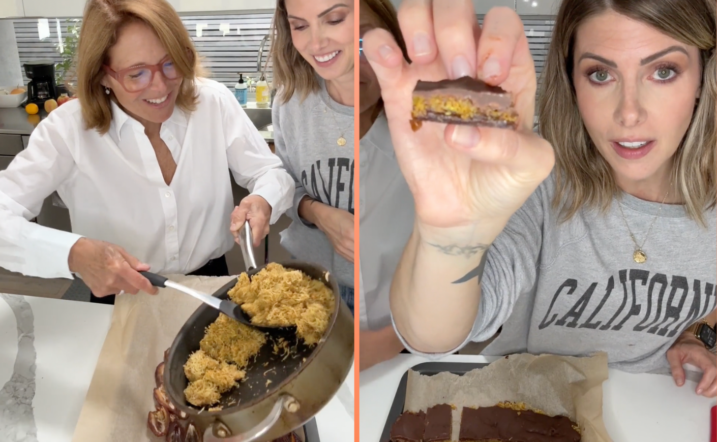 Katie Couric and Kelly Rizzo cooking Dubai chocolate bars.