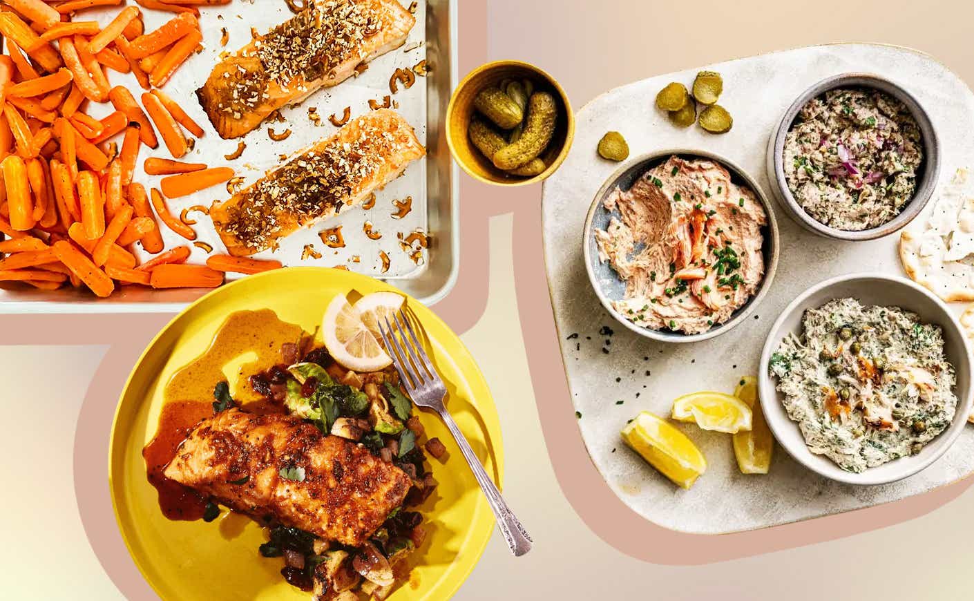 Three dishes containing salmon.