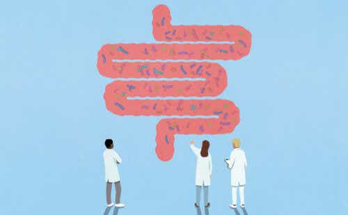 doctors looking at an enlarged illustration of a colon