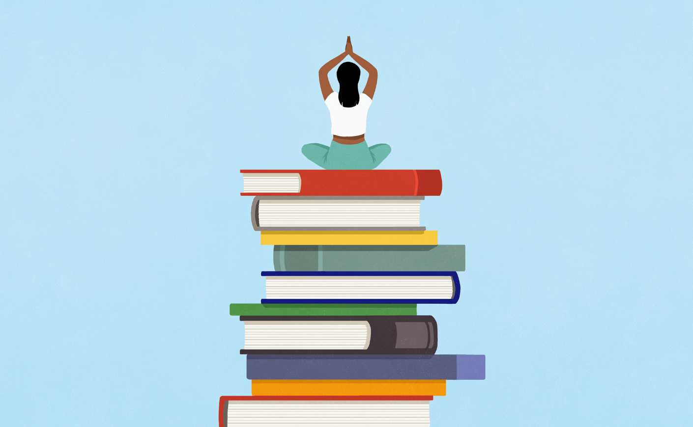 woman meditating on books