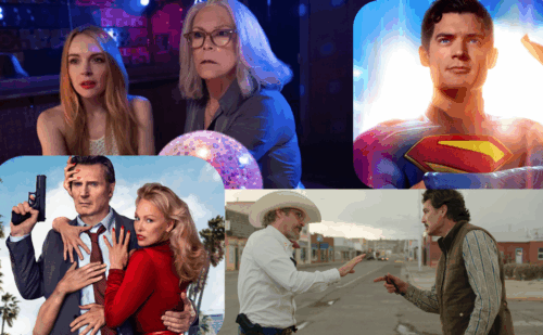 collage of movies coming out this summer including freakier friday, superman, naked gun, and eddington