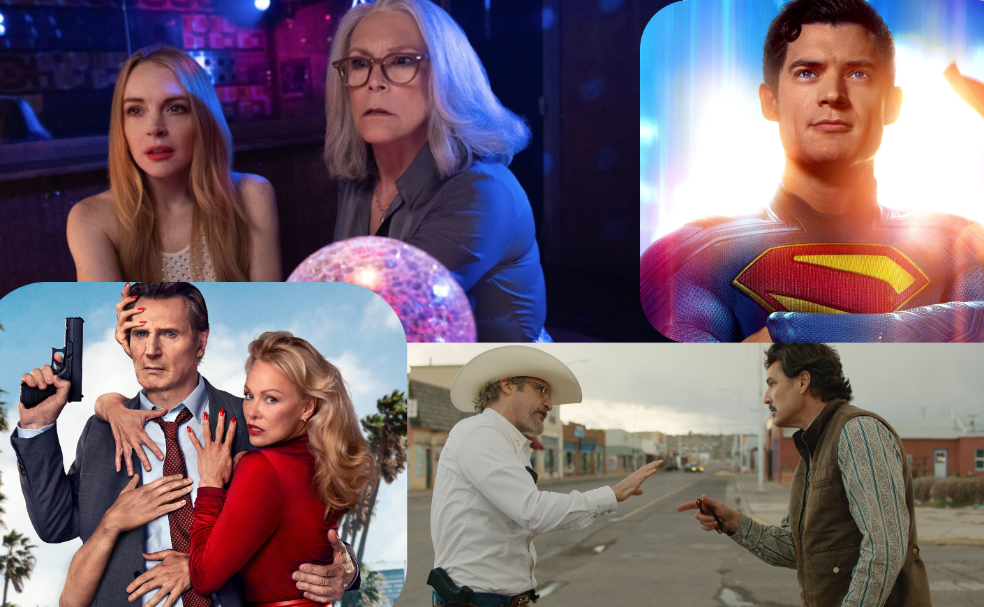 collage of movies coming out this summer including freakier friday, superman, naked gun, and eddington