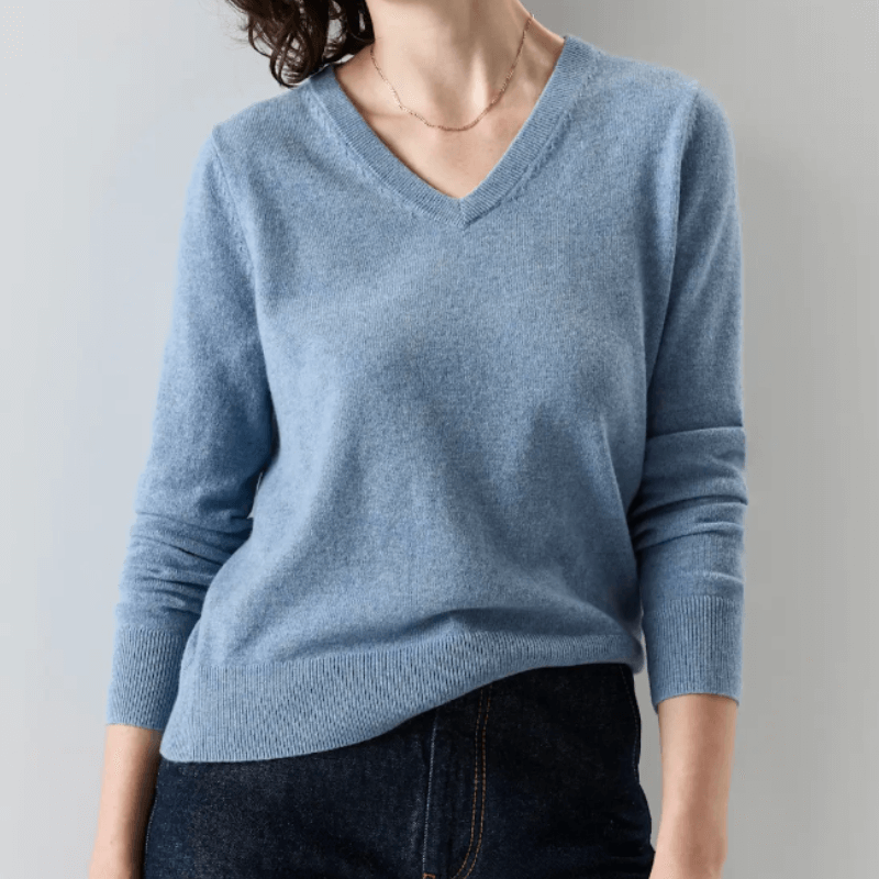 quince v-neck sweater on model