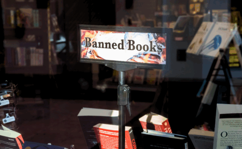 Sign at a bookstore saying Banned Books