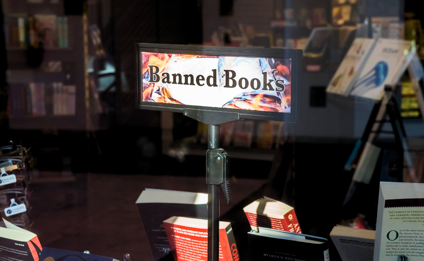 Sign at a bookstore saying Banned Books