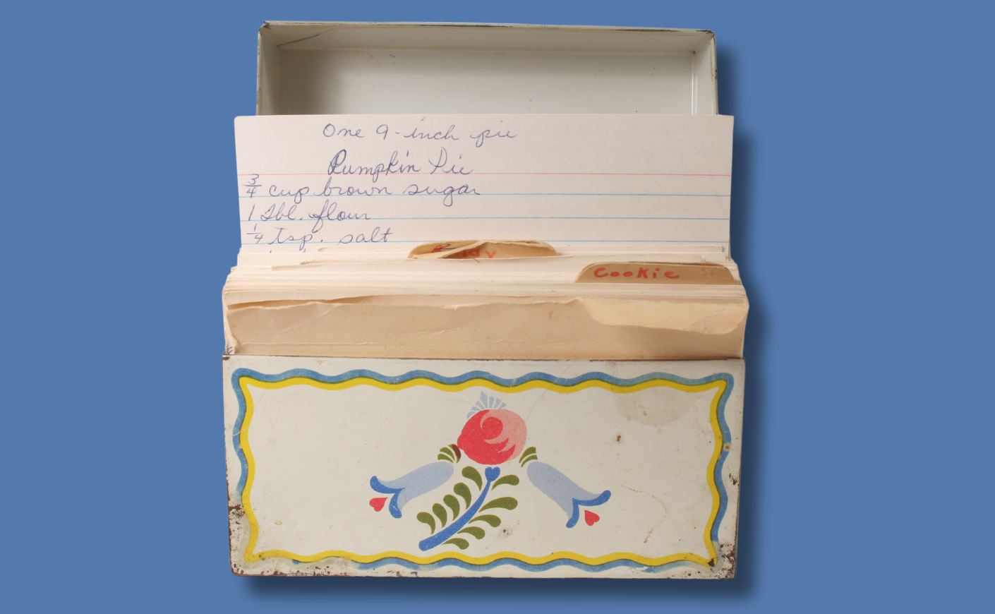 A vintage recipe box