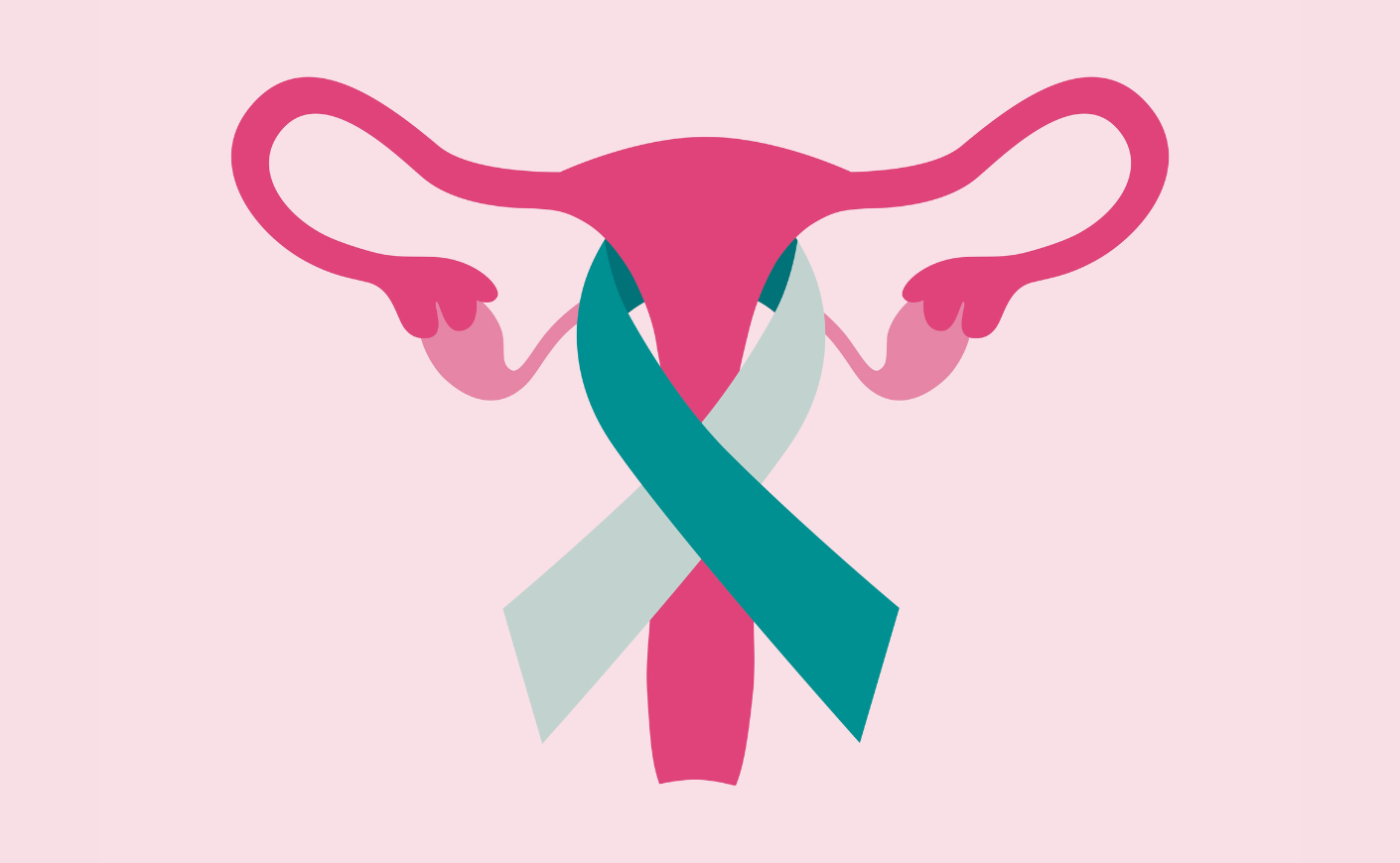 illustration of female reproductive organs with a teal ribbon around it