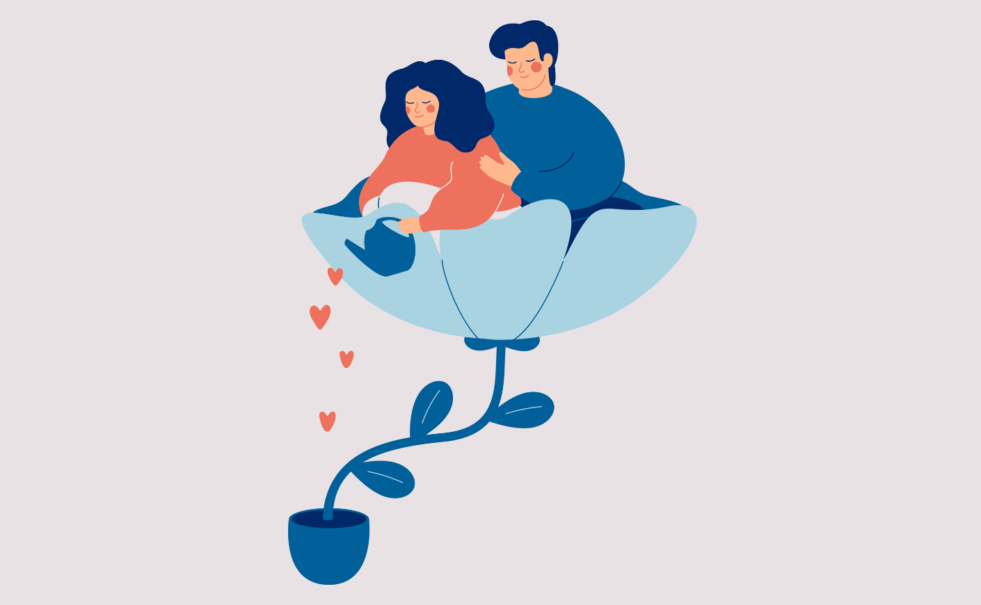Illustration of a couple in a flower petal coming out of a plant potter, representing "watering" their relationship