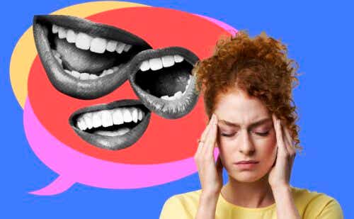 Woman with her hands on her temples looking stressed with big speech bubble and talking mouths next to her