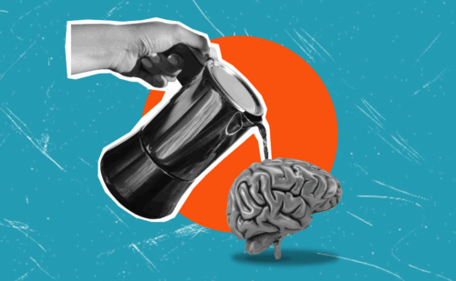 Illustration of a hand pouring coffee onto a human brain