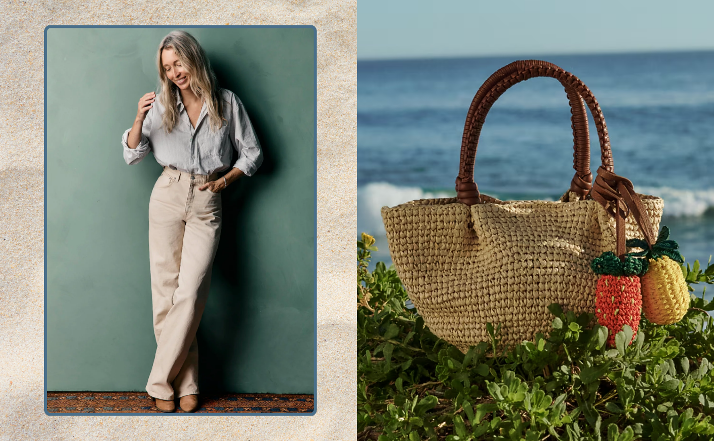 collage of a woman wearing pants and a button down next to an image of a tote bag on a beach