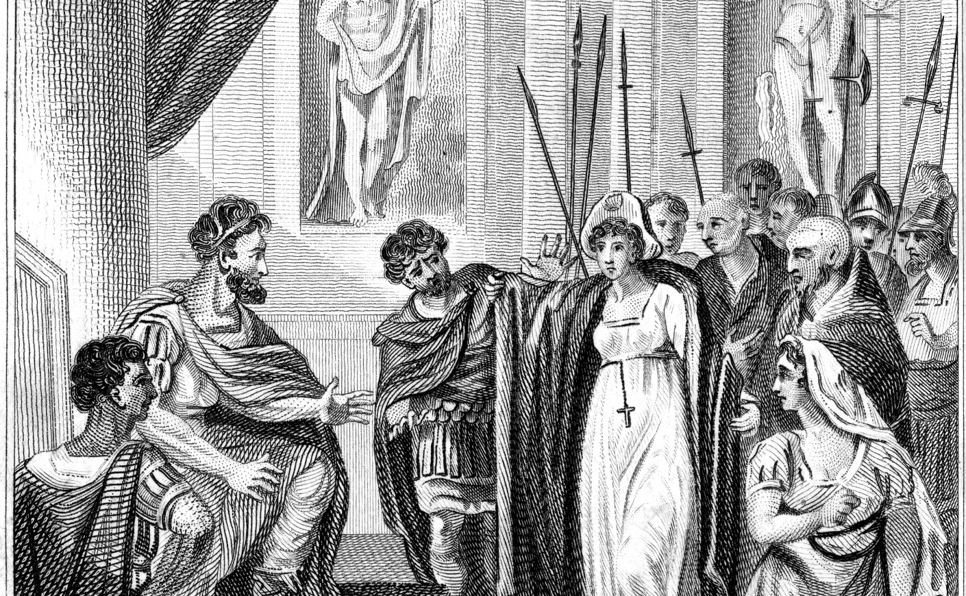 Vintage engraving from 1807 showing the discovery of Saint Eugenia.