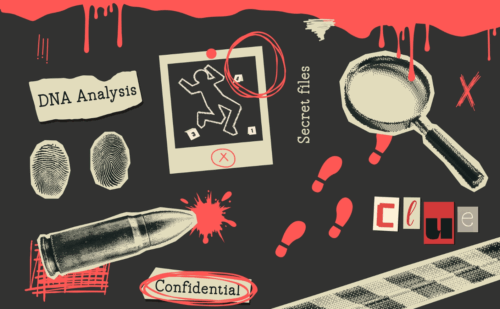 Vintage crime scene elements with a retro halftone style. Fingerprints, a magnifying glass, a bullet, footprints, notes. Modern Y2K mixed media.