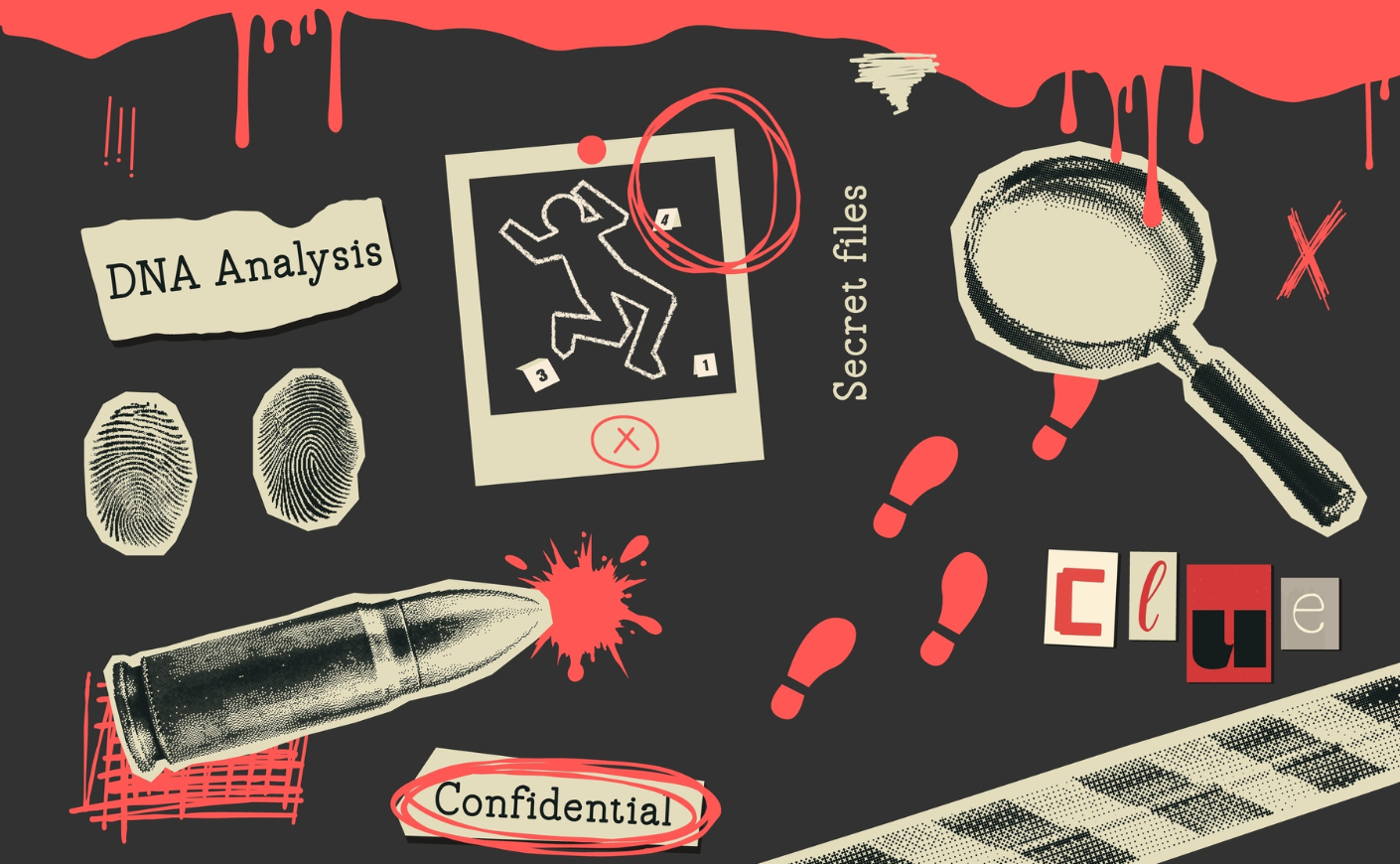 Vintage crime scene elements with a retro halftone style. Fingerprints, a magnifying glass, a bullet, footprints, notes. Modern Y2K mixed media.