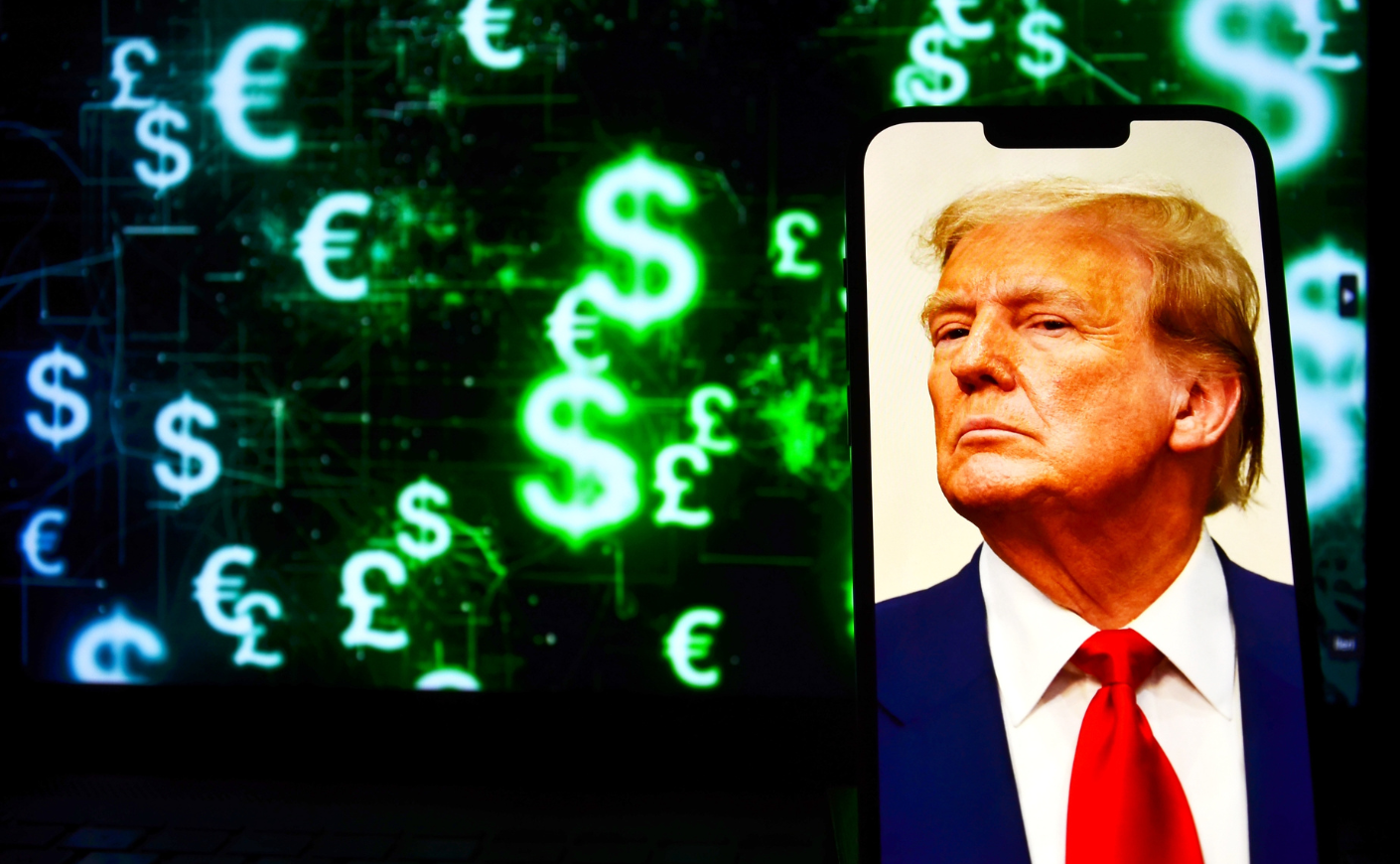 A phone with an image of Donald Trump on it on a background of dollar signs and Euros like the stock market
