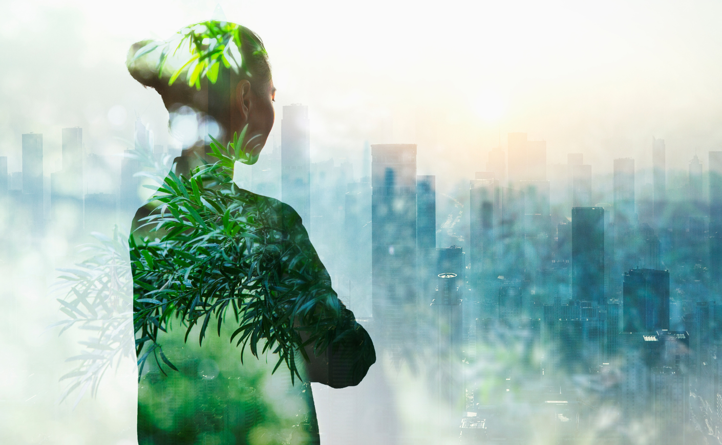 Composite image of a woman looking out at an urban skyline with trees and nature cast over her silhouette