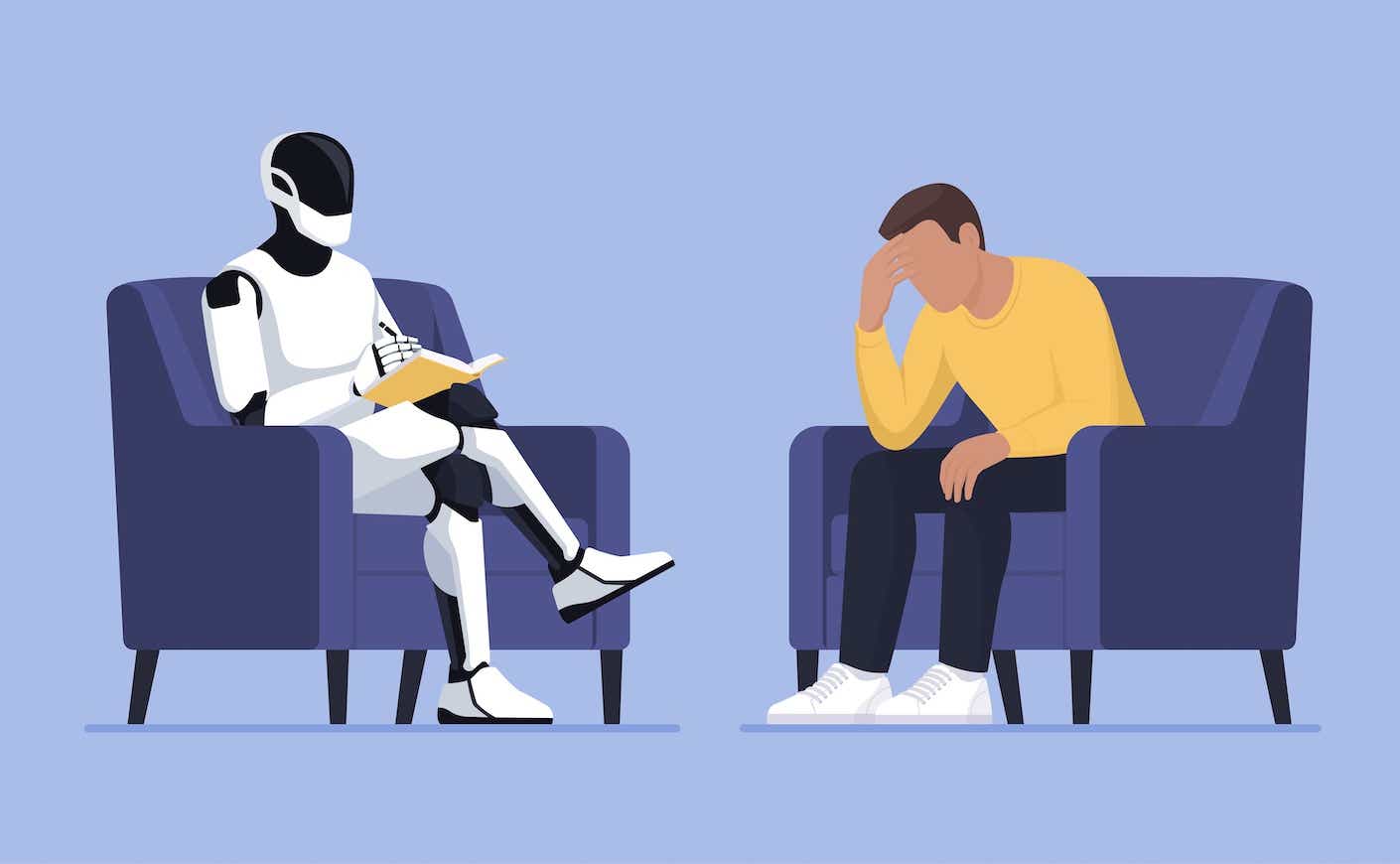 robot in a chair taking notes as a man next to him holds his head in his hand