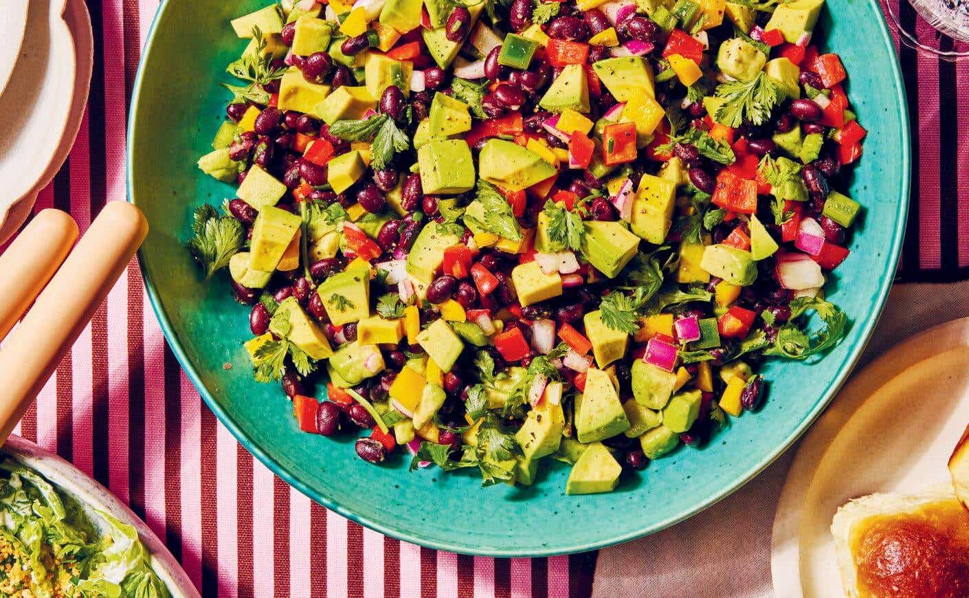 A bowl of black bean avocado salad.