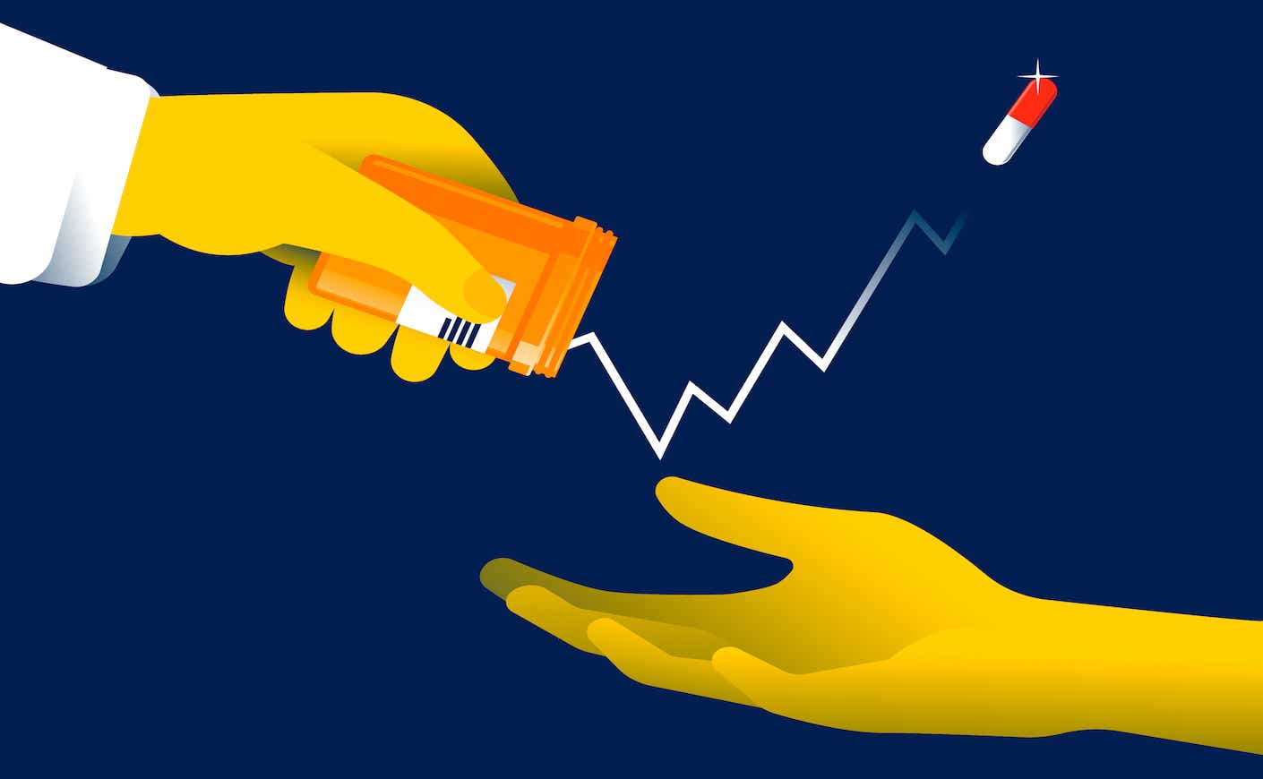 illustration of a pill bouncing out of a person's hand