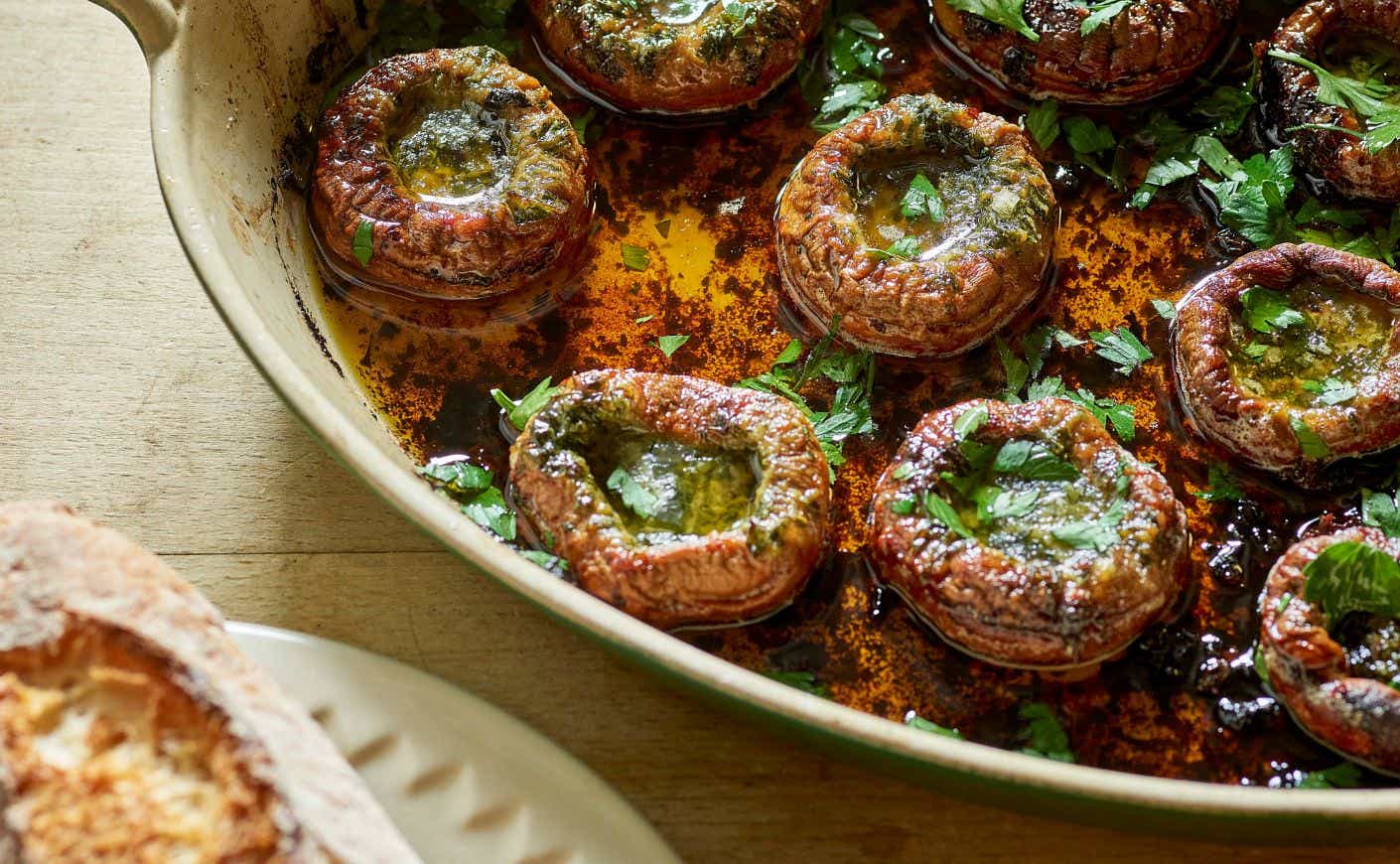 A pan of roasted mushrooms